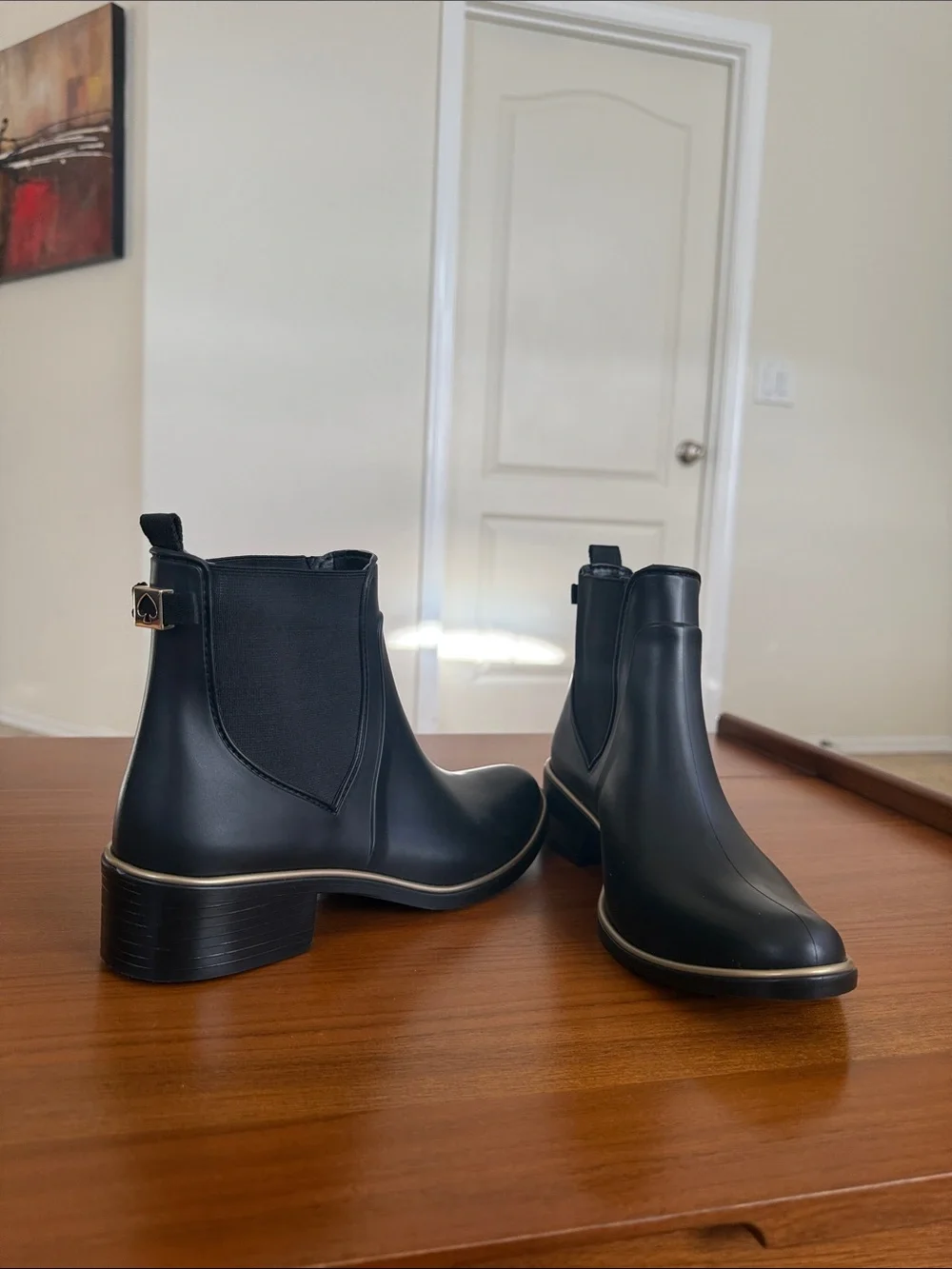 NEW kate spade Black Chelsea Rain Booties with Gold Trim